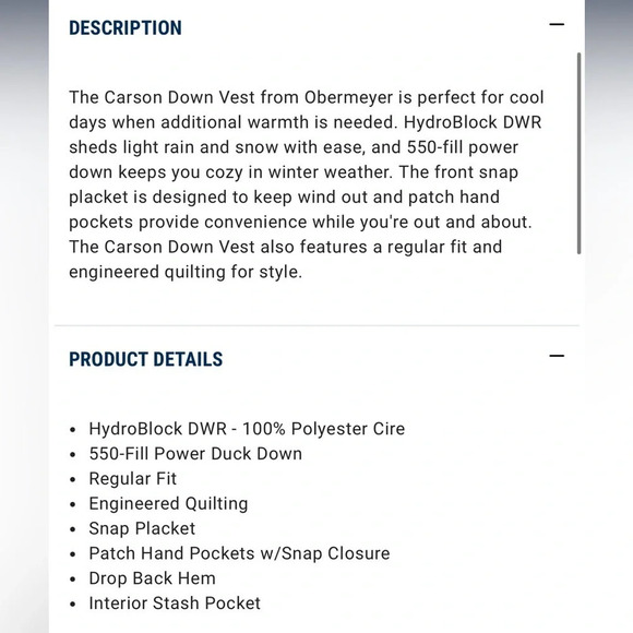 Obermeyer CARSON Aspen Down Vest NEW M - Picture 6 of 7